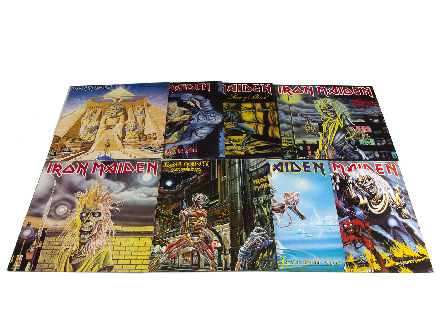 Iron Maiden LPs, eight UK release albums comprising Iron Maiden, Killers, Number of the Beast (all