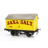 A 5'' Gauge scratchbuilt Sax Salt yellow Apex roof Van with red lettering, length 53cm, wood and