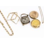 A collection of 9ct gold, including an oval linked necklace, 19.5 cm together, a circular locket,