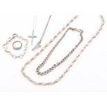 A silver satin finished necklace, a gem set dressing, a curb linked silver watch chain, a harp