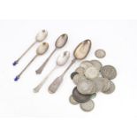 Five silver teaspoons and various silver coins, including an 1890 crown, F-VF, 12 half crowns and