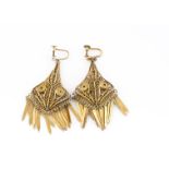 A pair of silver gilt filigree earrings, of lozenge shape with baton drops, and screw backs 6 cm