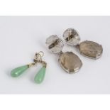 A pair of rock crystal Venus hair included ear drops, 4.5cm and a pair of jadeite jade and seed