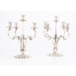 A pair of c1970s silver plated candelabra, marked Alpaca 71, 36.5cm high, some bending, plate