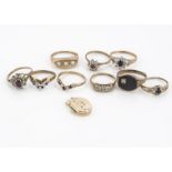 A collection of nine gold gem set rings, mostly eight 9ct and one marked 333, including an oval