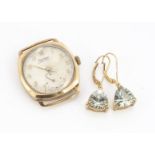 A pair of 9k marked topaz drop earrings, together with a 9ct gold cased Rotary Super-Sports watch (