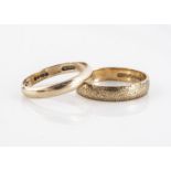 Two 9ct gold wedding bands, both D shaped one engraved ring size M, and an plain example size L, 3.