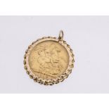 An Edward VII gold full sovereign, in a 9ct gold pendant mount, dated 1906, 9g