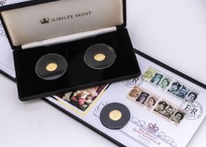 Three modern 9ct gold coins, relating to Elizabeth II, including a pair of Jubilee Mint Long