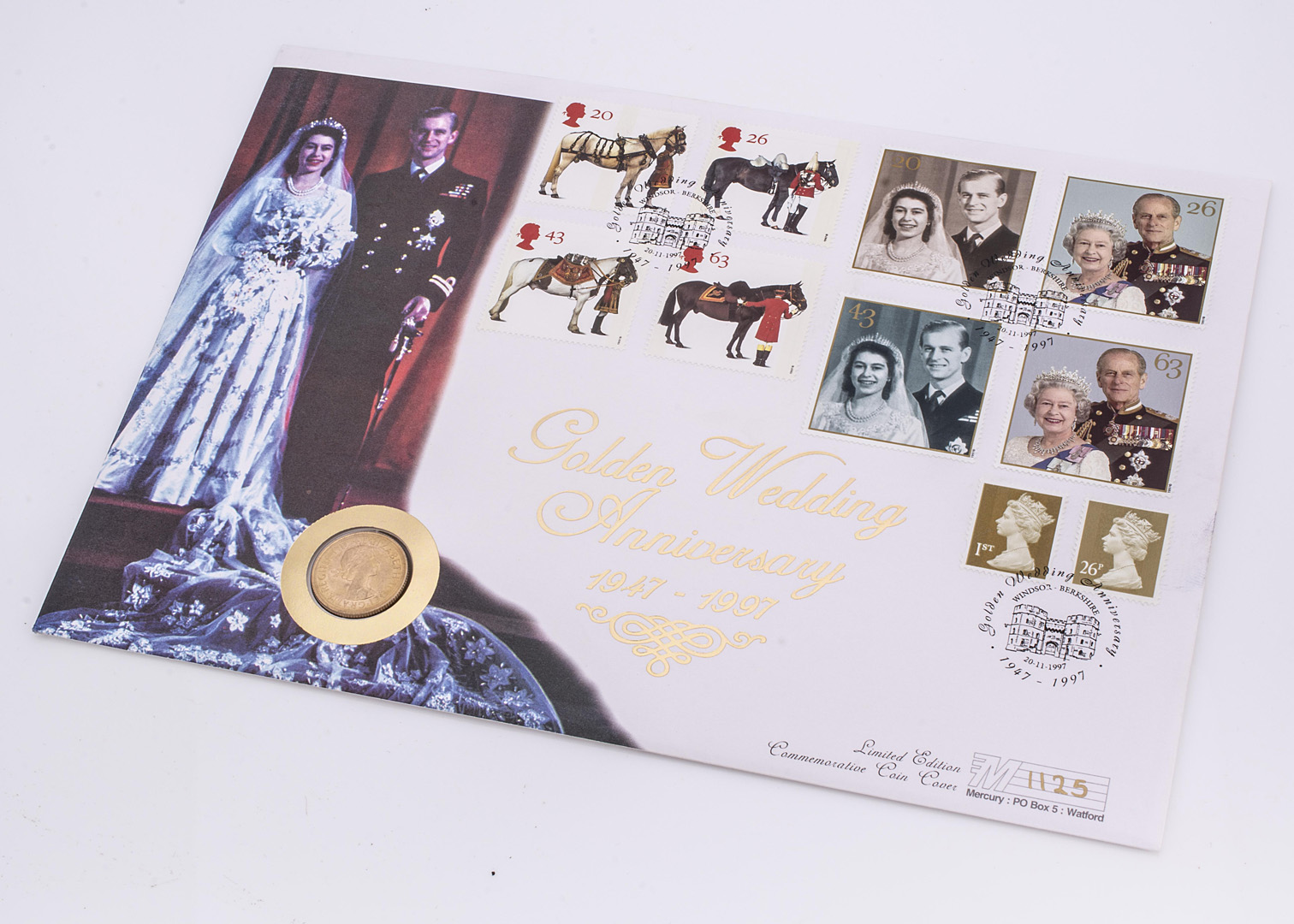 A commemorative First Day Cover with gold full sovereign, celebrating The Golden Wedding Anniversary