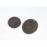 Two Georgian copper tokens, one dated 1775 for North Wales and marked George Rules, the other an