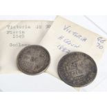 Two Victorian silver coins, including an 1849 Godless florin and an 1887 half crown, VF (2)