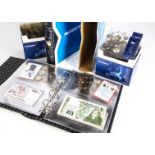 A collection of EU and Euro related coins and bank notes, two folders with sets of Euro coins and