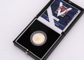 A modern Royal Mint gold proof two pound coin, 15.97g, in box, celebrating the end of WWII 1945 to