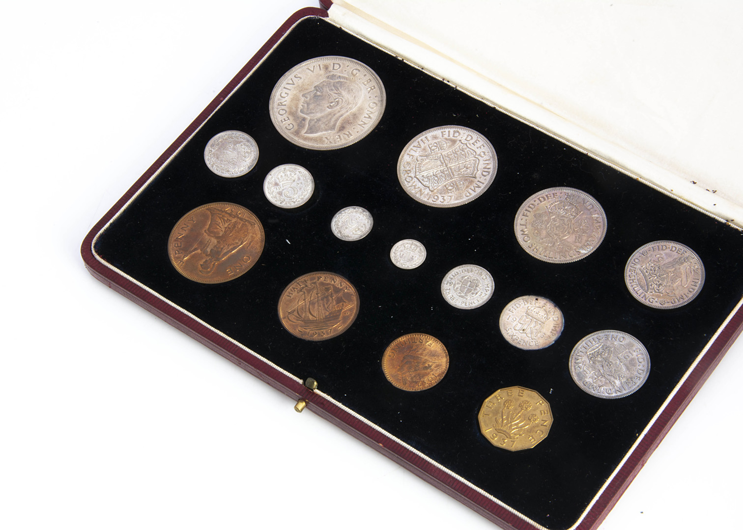 A Royal Mint George VI fifthteen Specimen Coin set, in red and gilt fitted box with four coin Maundy