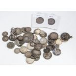A small collection of various World silver and other coins, including two 1857 US 25 cents, an