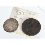 Two Victorian coins, including an 1849 Godless florin, VF-EF, and an 1858 penny, also VF-EF (2)