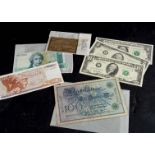 Four United States bank notes, including a $10, $5, $2 and $1, all in good condition, three other