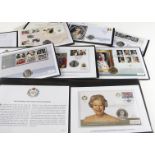 Seven modern Numisimatic First Day Covers with silver coins, five from Westminster Mint, each with a