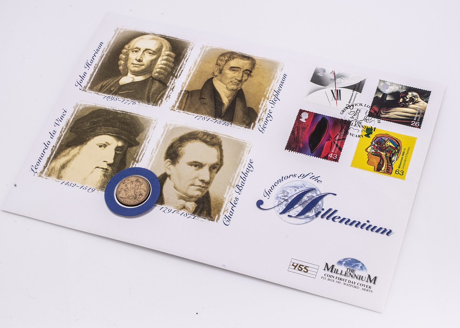 A commemorative First Day Cover with gold full sovereign, celebrating the Inventors of The Millenium