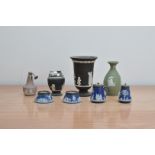 A collection of Wedgwood Jasperware items, comprising a black and white footed vase 14cm H, a