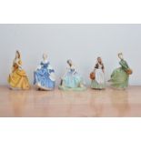 Five Royal Doulton ceramic figurines, comprising, Sandra H.N.2275, Hilary H.N. 2335, Giselle H.N.