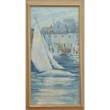 British 20th century school, Sailing boats by the harbour, oil on board, signed Helen Thomas?