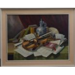 Karl Sascher (Austrian, 20th century), Still life with violin in the foreground, oil on canvas,
