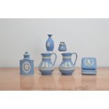 A collection of 20th century Wedgwood Jasperware items, comprising two jugs both 14.5cm H, a