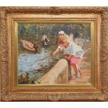 20th century school, A child by the river, oil on canvas, signed H. Jacob to the bottom right, in