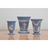 Three mid to late 20th century Wedgwood Jasperware ceramic vases, comprising a larger 'Frog' vase