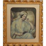 19th century British School, girl with pearl earrings, watercolour on paper, in a gilt frame and