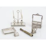 Modern dolls' house hallmarked silver items, a Vic Pain tantalus with hinged handle --1¼in. (3cm.)