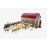 A chromolithographic paper-covered Noah’s Ark and animals, the flat-bottomed wooden Ark with red