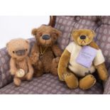 Three small artist teddy bears, a Suzi Bear designs Ralph with card tag -- 7½in.(19cm.) high, a