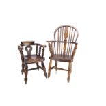 Two recent child's country chairs, a smoker's bow chair with turned supports and legs --19¼in. (