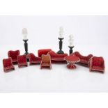 A late 19th century beadwork dolls’ house sitting room set, cardboard covered in red cloth with