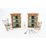 Two dolls’ house feather chairs, one a rocker —3½in. (9cm.) high; a pair of pine corner shelves with