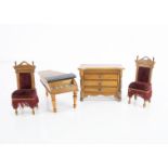 German dolls’ house furniture, a pair of high backed chairs upholstered in Burgundy velvet —4¾in. (