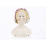 A German bisque Empress Eugenie shoulder head, possibly by Alt, Beck & Gottschalck with blue painted