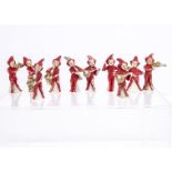 Ten bisque cake decoration pixie musicians, painted red with different instruments --2¼in. (6cm.)