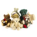 Six teddy bears, two Steiff yellow tagged teddy bears, a green mohair artist teddy bear--11in. (