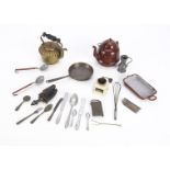 Doll's kitchen equipment, including a brass kettle --4in. (10cm.) high, a brown enamel kettle, a