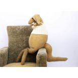 An early British burlap kangaroo, probably circa 1910 with light brown and beige wool burlap,