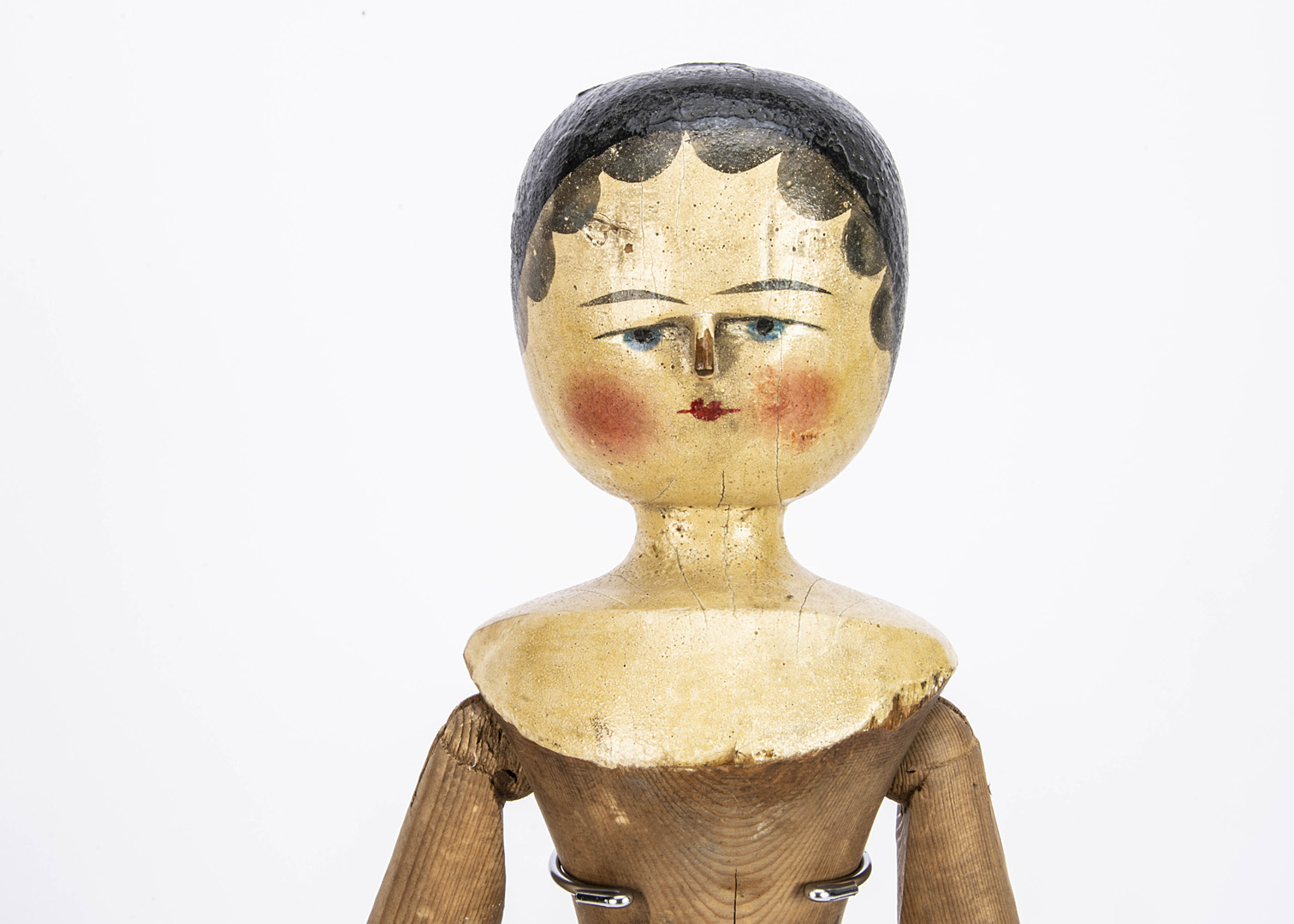 A last quarter of the 19th century German turned and painted pegged-wooden doll, with blue painted - Image 2 of 2