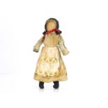An Amish Pennsylvanian faceless cloth doll, stuffed gathered cotton head, rigid stuffed body,