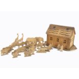 A plywood fret-work Noah's Ark and animals 1930s, unpainted, hinged roof, twenty-nine animals and Mr