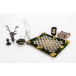 Needlework and objects suitable for a dolls’ house, a bead and wool-work carpet with green velvet