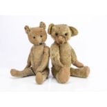 Two worn pre-war teddy bears, a 1920s English bear with light golden mohair, orange and black