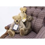 Three artist teddy bears, Bossy Boots Josh in crochet swim suit with card tag; a Thistleberry